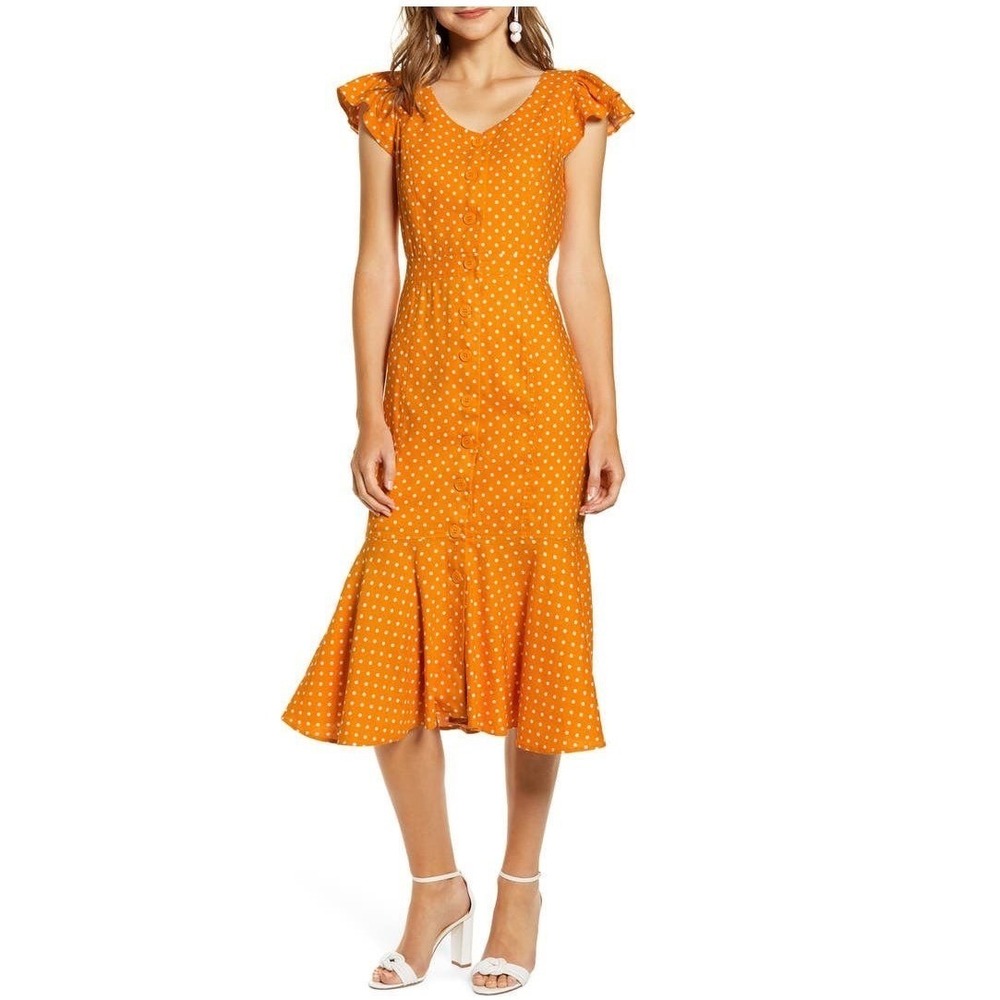 NWT Rachel Parcell Orange Polka Dot Linen Blend Flutter Sleeve Midi Dress‎ XXS